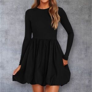 PRETTYGARDEN Black Long Sleeve Crew Neck A-Line Bubble Dress w/ Pockets XL - NWT